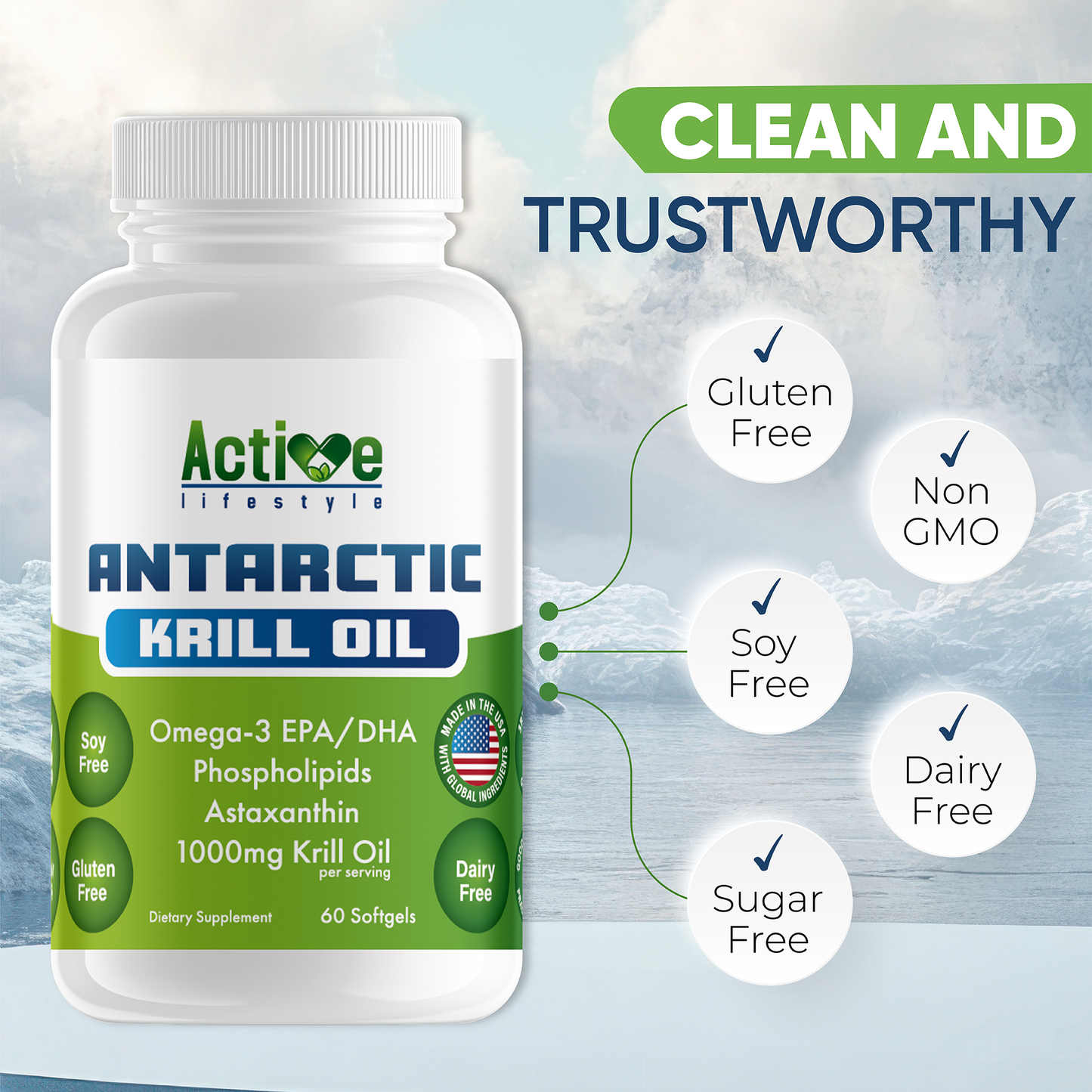 Antarctic Krill Oil for Men & Women | Joints, Mobility, Memory, Heart, & Skin | Omega-3 EPA, DHA, with Astaxanthin Supplement Sourced from Red Krill